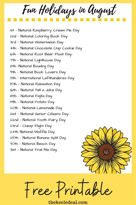 Fun Holidays in August free printable - a list of national days to ...