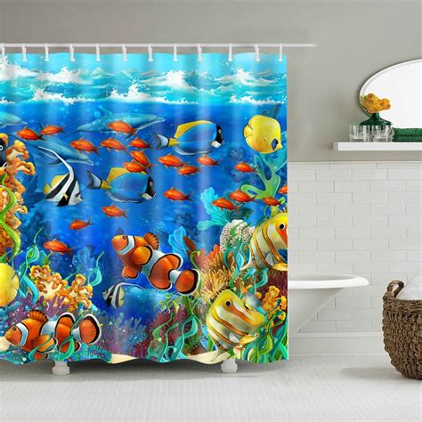 Shower Curtain Blue Ocean Fish Sea Creature Colorful Oceanwave Aquamarine Water Underwater World ...