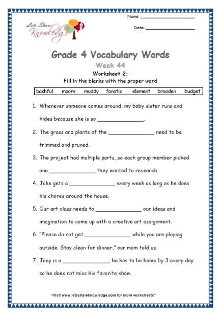 Grade 4: Vocabulary Worksheets Week 44 – Lets Share Knowledge