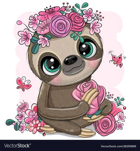 Cute Cartoon Sloth with flowers on a white background. Download a Free ...