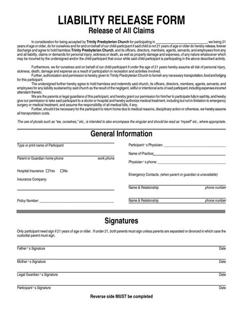 Free Printable Liability Waiver Form Template Form (GENERIC)