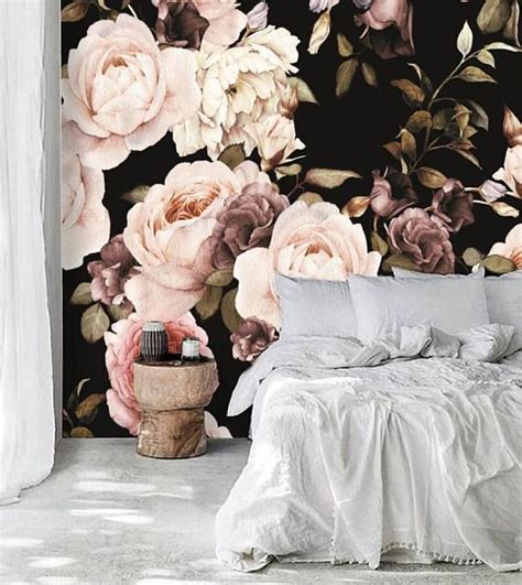 Peel and Stick Floral Wallpaper Mural, Black Floral Wallpaper Large ...