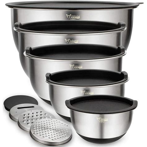 Mixing Bowls Set of 5, Wildone Stainless Steel Nesting Bowls with Airtight Lids, 3 Grater ...