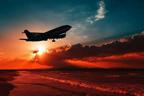 HD wallpaper: airliner and seashore, airplane, sunset, takeoff ...