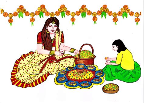 Onam festival: Girls making Pookalam drawing | Onam festival, Drawings, Festival