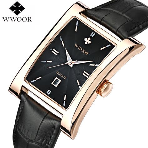 WWOOR Brand Luxury Date Square Quartz Watch Men Water Resistant Genuine ...