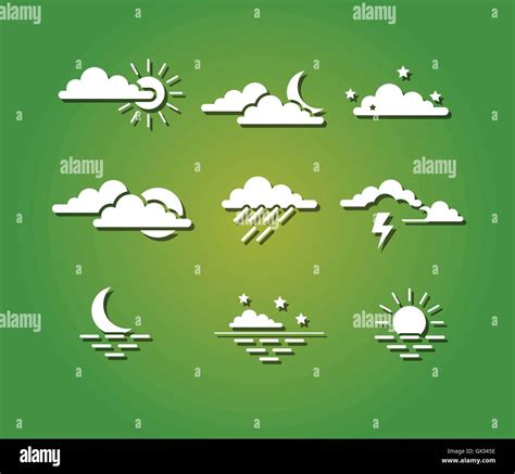 sun, clouds, lightning, moon, stars and sea sunset weather icon set isolated vector illustration ...