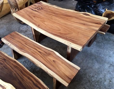 Live Edge Slab 4.9 Ft in Length Dining Table/ Matching Two Bench Set Grade AAA Reclaimed Acacia ...