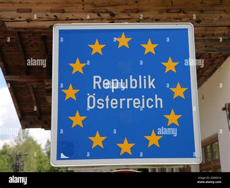 Border sign Republic of Austria at the DÃ¼rrnberg border crossing the Austria - Germany state ...