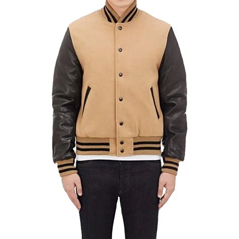 Mens Golden Bear Bomber Varsity Jacket with Leather Sleeves