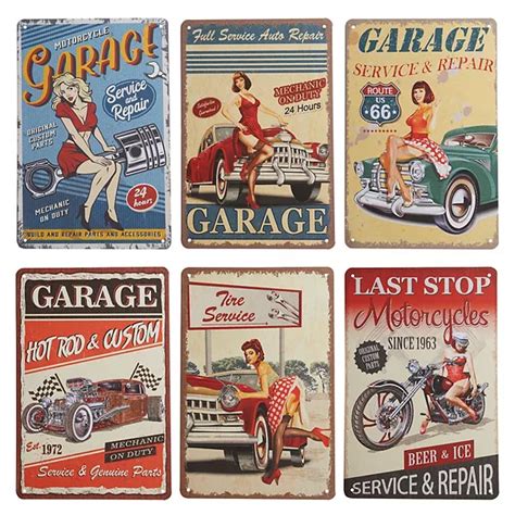 Okuna Outpost Vintage Metal Signs for Garage, Retro Wall Decor (8 x 11.8 in, 6 Pack)