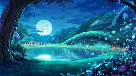 Download 1366x768 Anime Landscape, Moonlight, Forest, Reflection ...