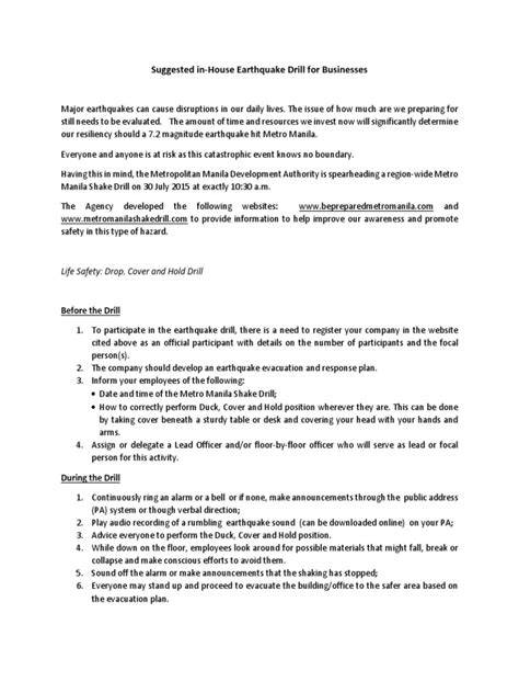 Sample Earthquake Drill | PDF | Emergency Evacuation | Earthquakes