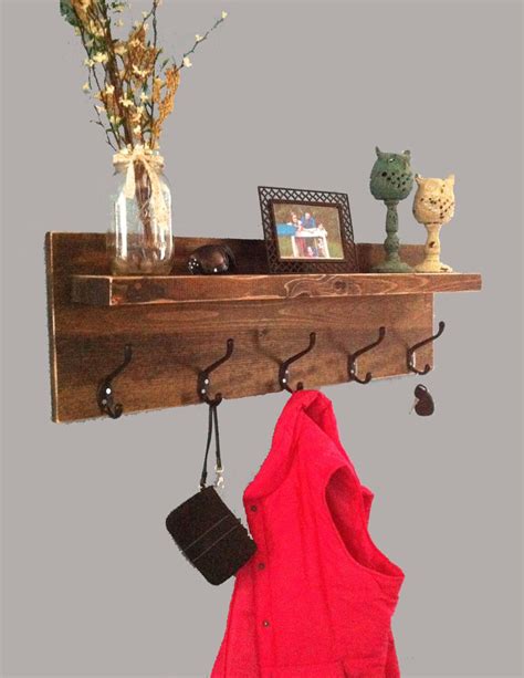 Rustic entryway shelf with hooks, coat rack with hooks, key holder, farmhouse decor, reclaimed ...