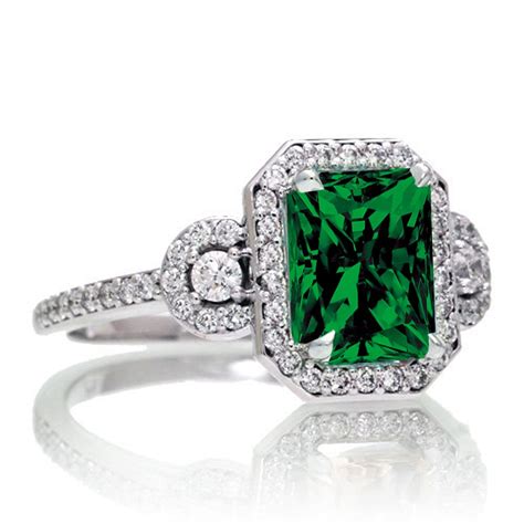 1.5 Carat Emerald Cut Three Stone Emerald Halo Diamond Ring on 10k ...