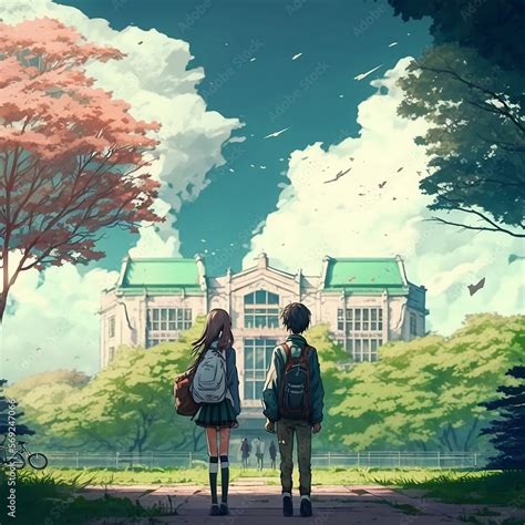 Beautiful School Couple on the way to there school, Anime Digital Art illustration for ...