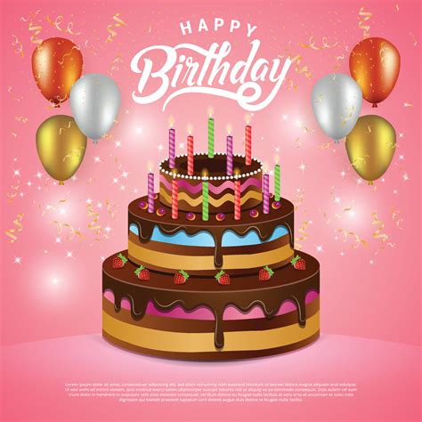 Happy birthday greeting card vector with realistic cake balloons and ...