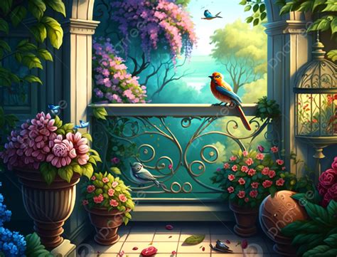 Flowers Birds Balcony Garden Floral Background, Fresh Flowers, Balcony Garden, Balcony ...