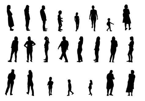 Set of Black and White Silhouette Walking People and Children. Vector ...