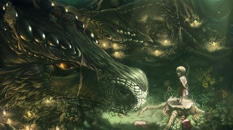 2560x1440 resolution | female anime character and green dragon ...