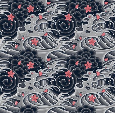 Japanese Wave With Sakura Seamless Pattern. em 2020 | Ondas japonesas, Gravuras japonesas, Sakura