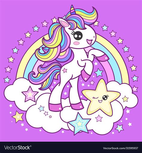 Cute cartoon unicorn on a rainbow background Vector Image