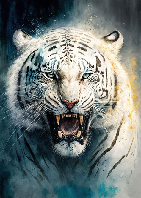 'White Tiger Growling' Poster, picture, metal print, paint by Maxima | Displate