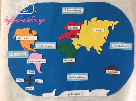 Montessori Felt World Map/world Map With Continent & Ocean/geography Lesson/puzzle/educational ...