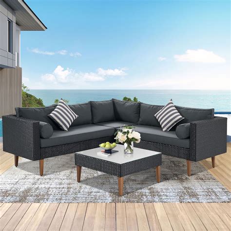 4 Pieces Outdoor Patio Furniture Sets, HighSound L-shape Rattan Sofa ...