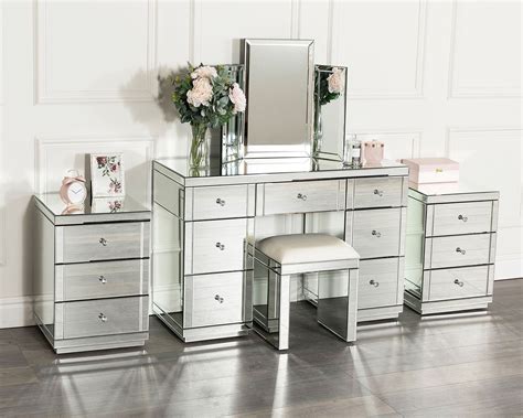 Monroe Dressing Table Set with 2 x 3 Drawer Bedside Tables, 1 x Stool, 1 x Tri-Fold Mirror i ...