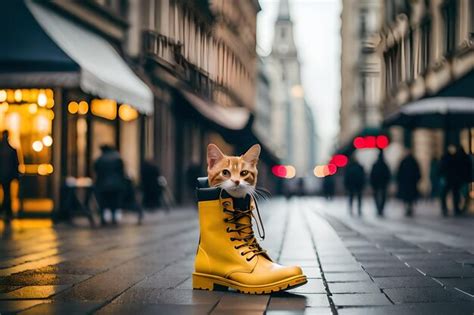 Premium AI Image | a cat wearing a yellow boot that says " cat