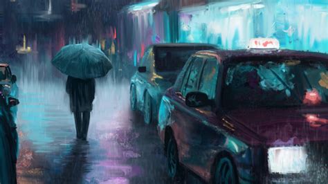 Download People Street Umbrella Car Rain Artistic Night HD Wallpaper