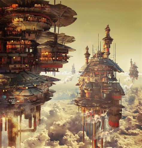 ArtStation - Clusters in the sky, Anthony Brault | Steampunk city, Floating city, Fantasy ...