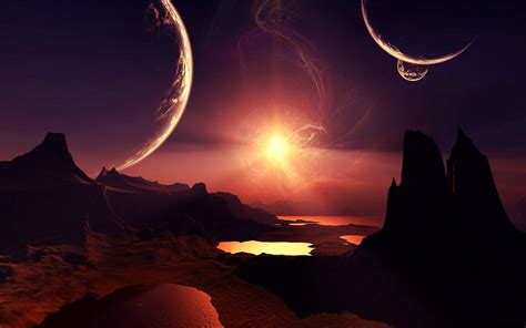 1680x1050 resolution | rock mountains and two moons digital wallpaper, fantasy art, space art ...