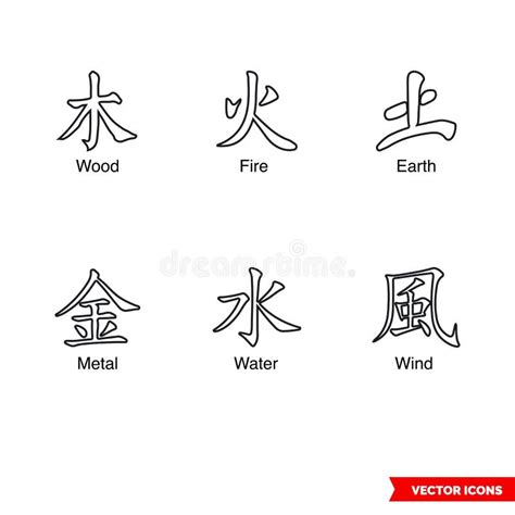 Chinese Elements Symbols Icon Set of Outline Types. Isolated Vector ...