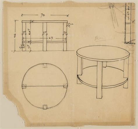 Design for a round table c.1914. Plan, elevation and perspective sketch ...