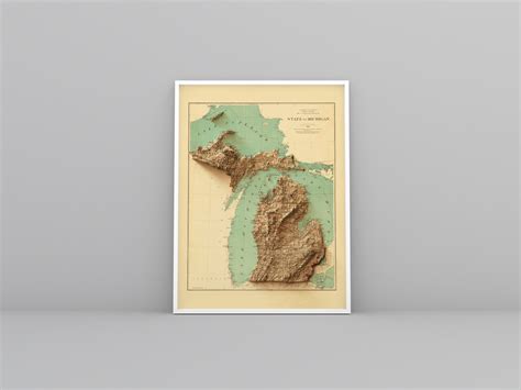 Michigan Map Michigan 2D Relief Map Michigan Vintage Poster - Etsy