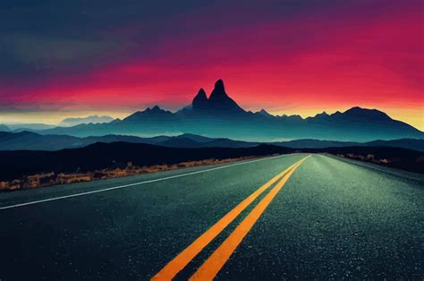 Premium Photo | Road route with mountains in front and sunset in background road illustration ...