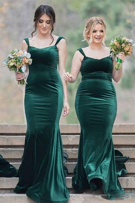 Long Dark Green Velvet Bridesmaid Dresses with Double Straps – loveangeldress