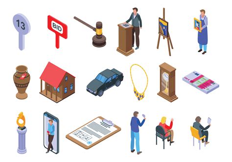 Auction icons set, isometric style 8489536 Vector Art at Vecteezy