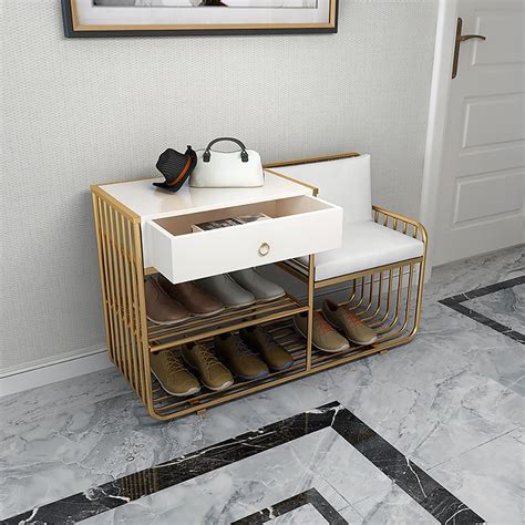 White Storage Entryway Bench Upholstered Modern Bench with Drawer & Shelf