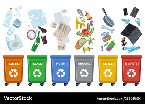 Recycle waste bins different trash types color Vector Image