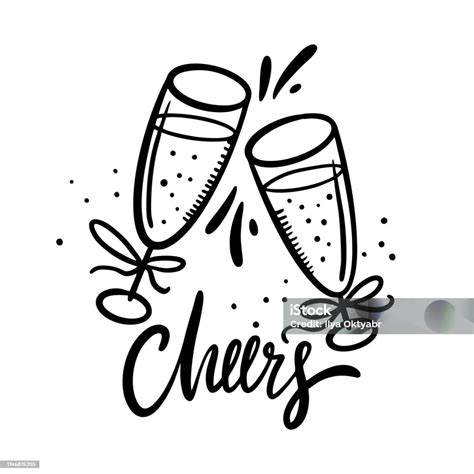 Cheers Belettering Met De Hand Getekend Wijnglazen Cartoon Stijl Geïsoleerd Op Witte Achtergrond ...