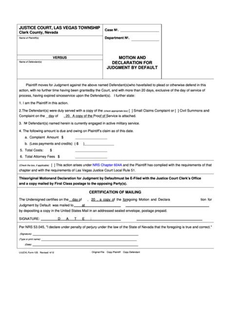 Fillable Lvjcvl Form-125 - Motion & Declaration For Judgment - Justice ...