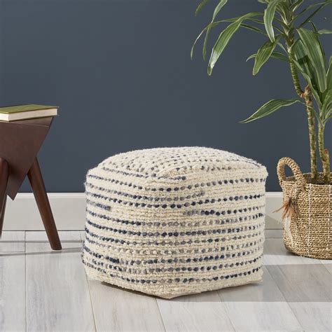 Noble House Jaden Boho Wool and Cotton Ottoman Pouf, Ivory and Blue ...