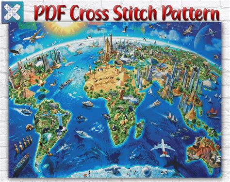 World Map Cross Stitch Pattern / Earth Map Cross Stitch Chart - Etsy ...