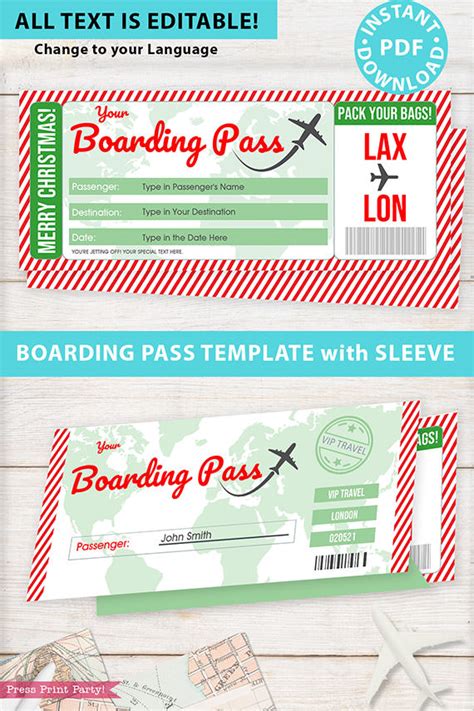 Christmas Boarding Pass Template w. Holder, Stripes - Press Print Party!