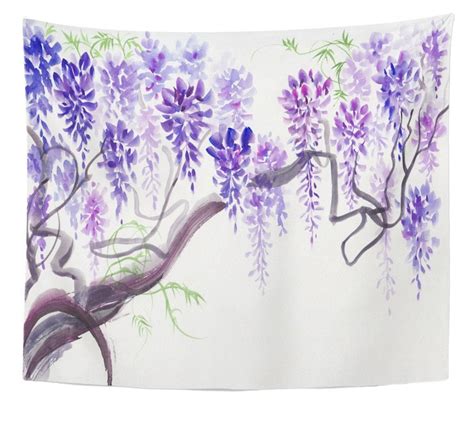 ZEALGNED Original Watercolor Painting Beautiful Wisteria Branches in Blossom Wall Art Hanging ...