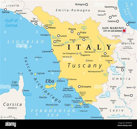 Tuscany, region in central Italy, political map with many popular ...