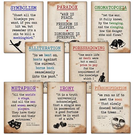 Literary Terms Mini Quote Poster Set featuring Alliteration, Foreshadowing, Irony, Metaphor ...